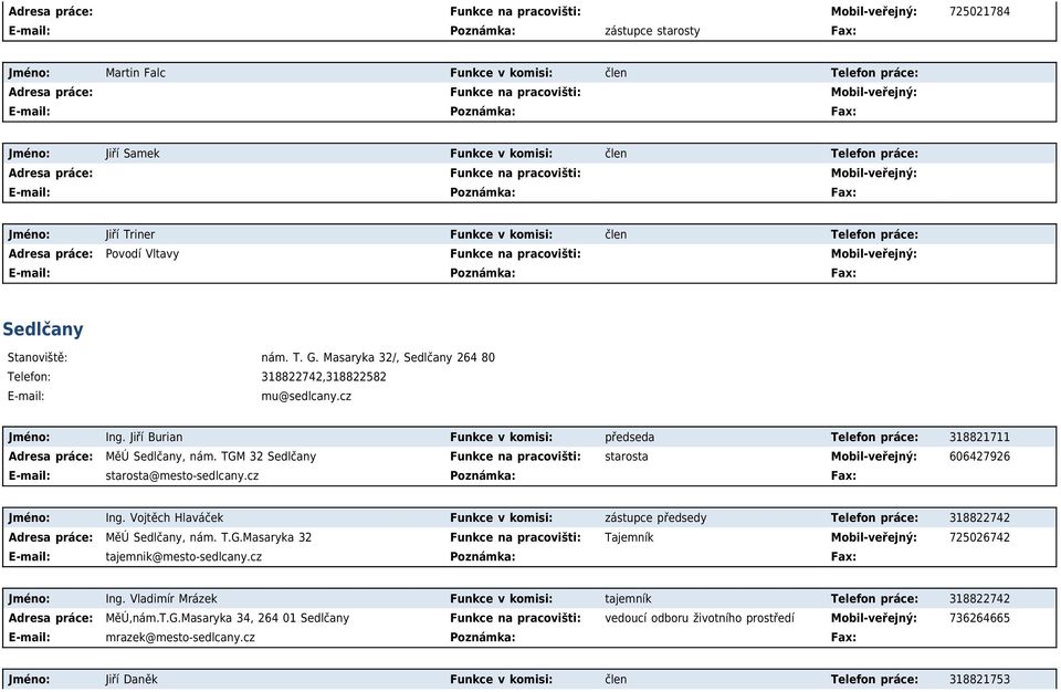 Jiří Burian Funkce v komisi: předseda Telefon práce: 318821711 Adresa práce: MěÚ Sedlčany, nám. TGM 32 Sedlčany Funkce na pracovišti: starosta Mobil-veřejný: 606427926 starosta@mesto-sedlcany.