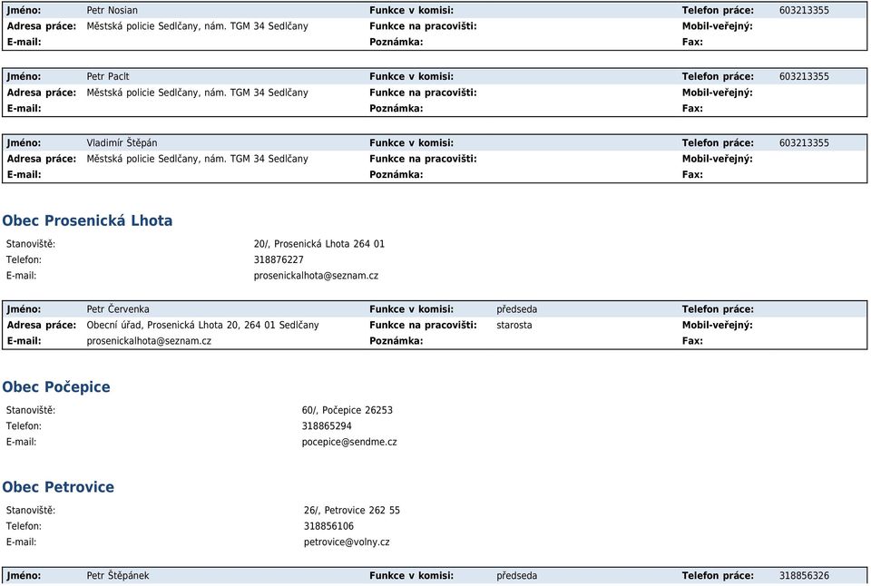 TGM 34 Sedlčany Funkce na pracovišti: Mobil-veřejný: Jméno: Vladimír Štěpán Funkce v komisi: Telefon práce: 603213355 Adresa práce: Městská policie Sedlčany, nám.