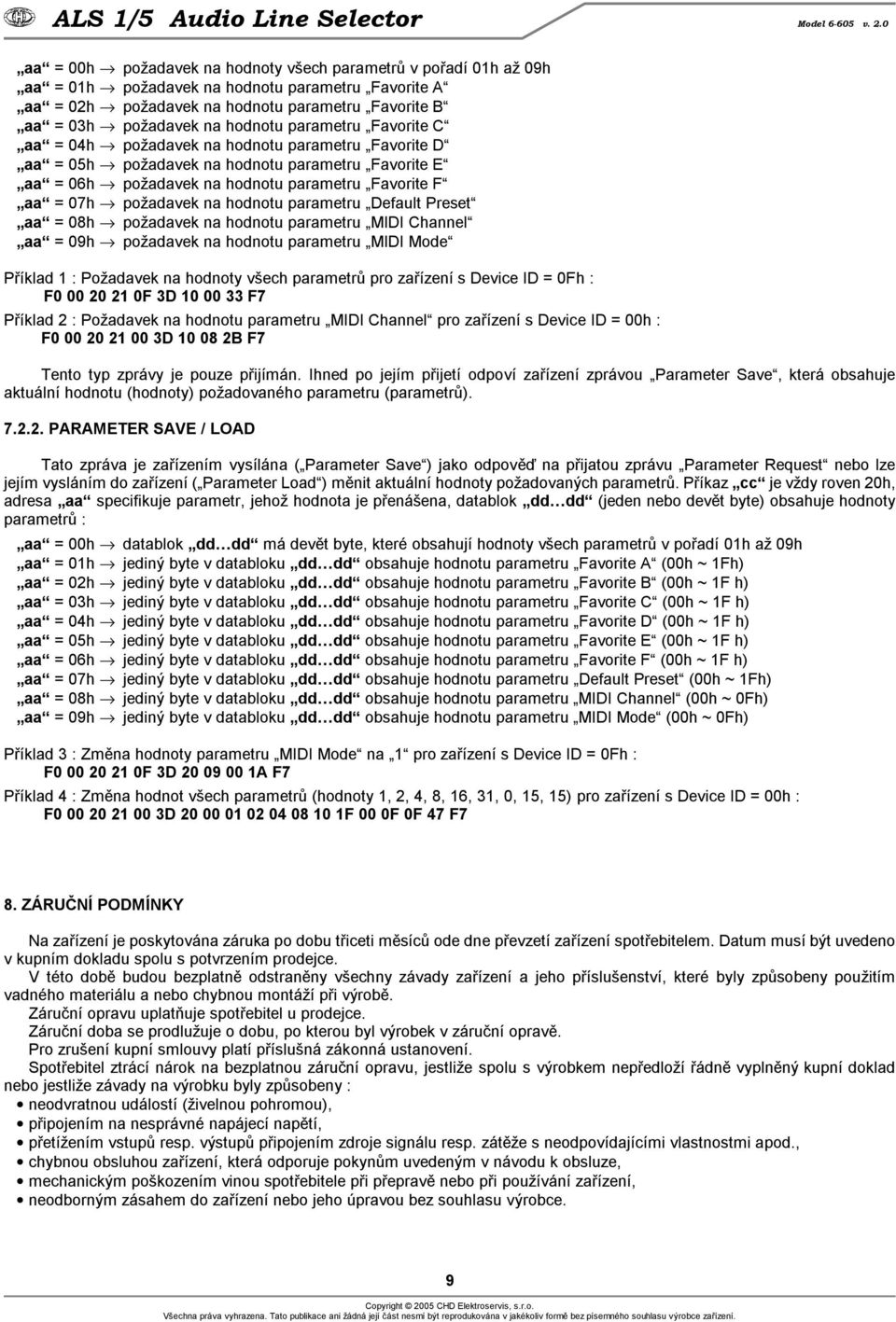 hodnotu parametru Default Preset aa = 08h požadavek na hodnotu parametru MIDI Channel aa = 09h požadavek na hodnotu parametru MIDI Mode Příklad 1 : Požadavek na hodnoty všech parametrů pro zařízení s