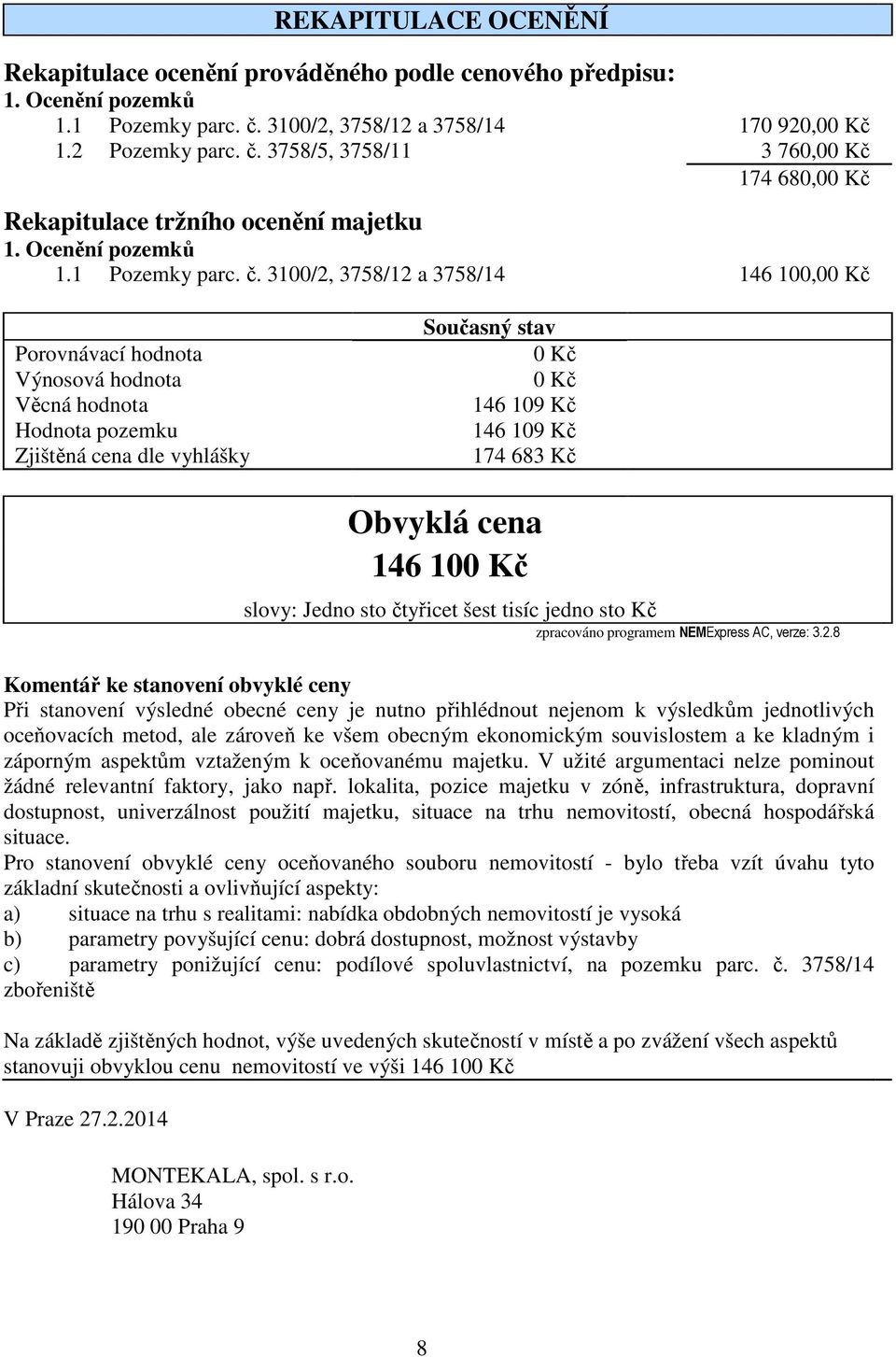 3100/2, 3758/12 a 3758/14 146 100,00 Kč Porovnávací hodnota Výnosová hodnota Věcná hodnota Hodnota pozemku Zjištěná cena dle vyhlášky Současný stav 0 Kč 0 Kč 146 109 Kč 146 109 Kč 174 683 Kč Obvyklá