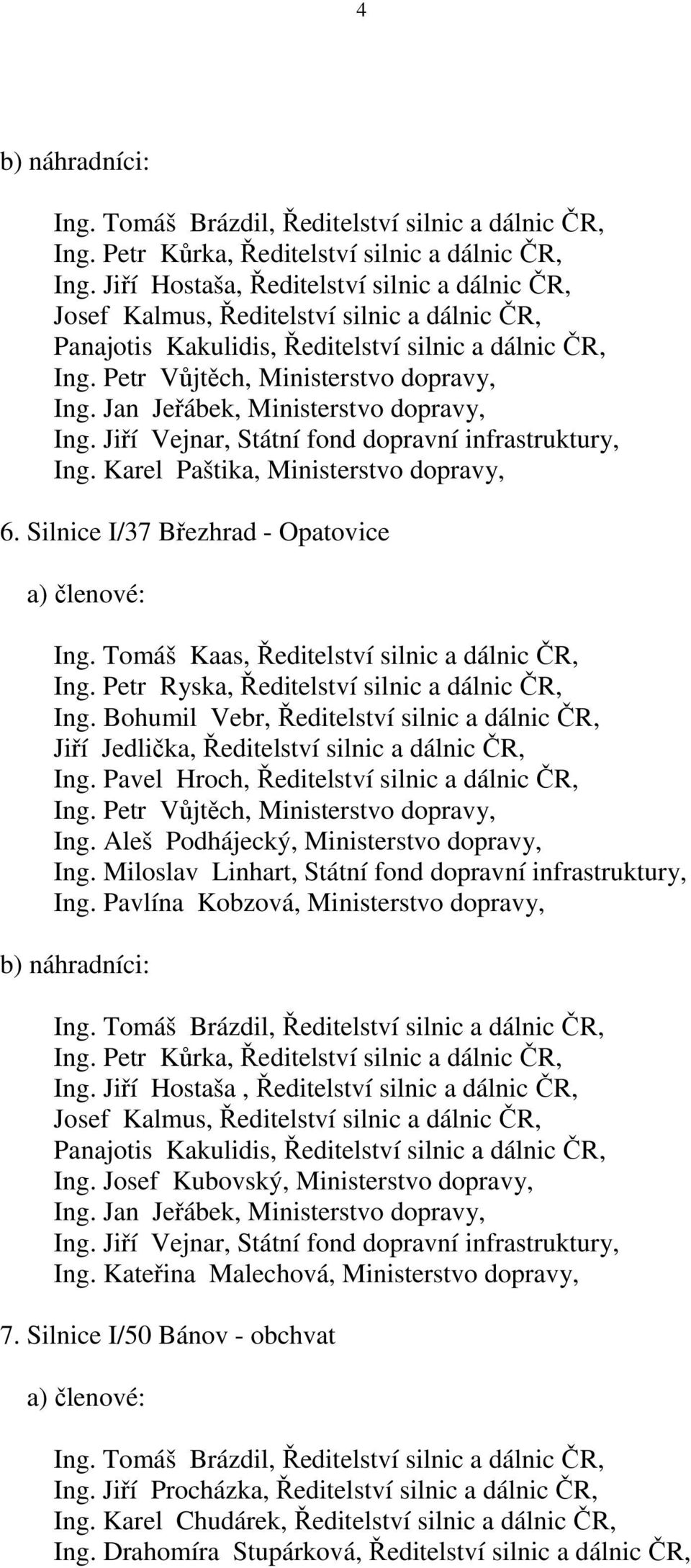 Jiří Vejnar, Státní fond dopravní infrastruktury, Ing. Karel Paštika, Ministerstvo dopravy, 6. Silnice I/37 Březhrad - Opatovice Ing. Petr Ryska, Ředitelství silnic a dálnic ČR, Ing.