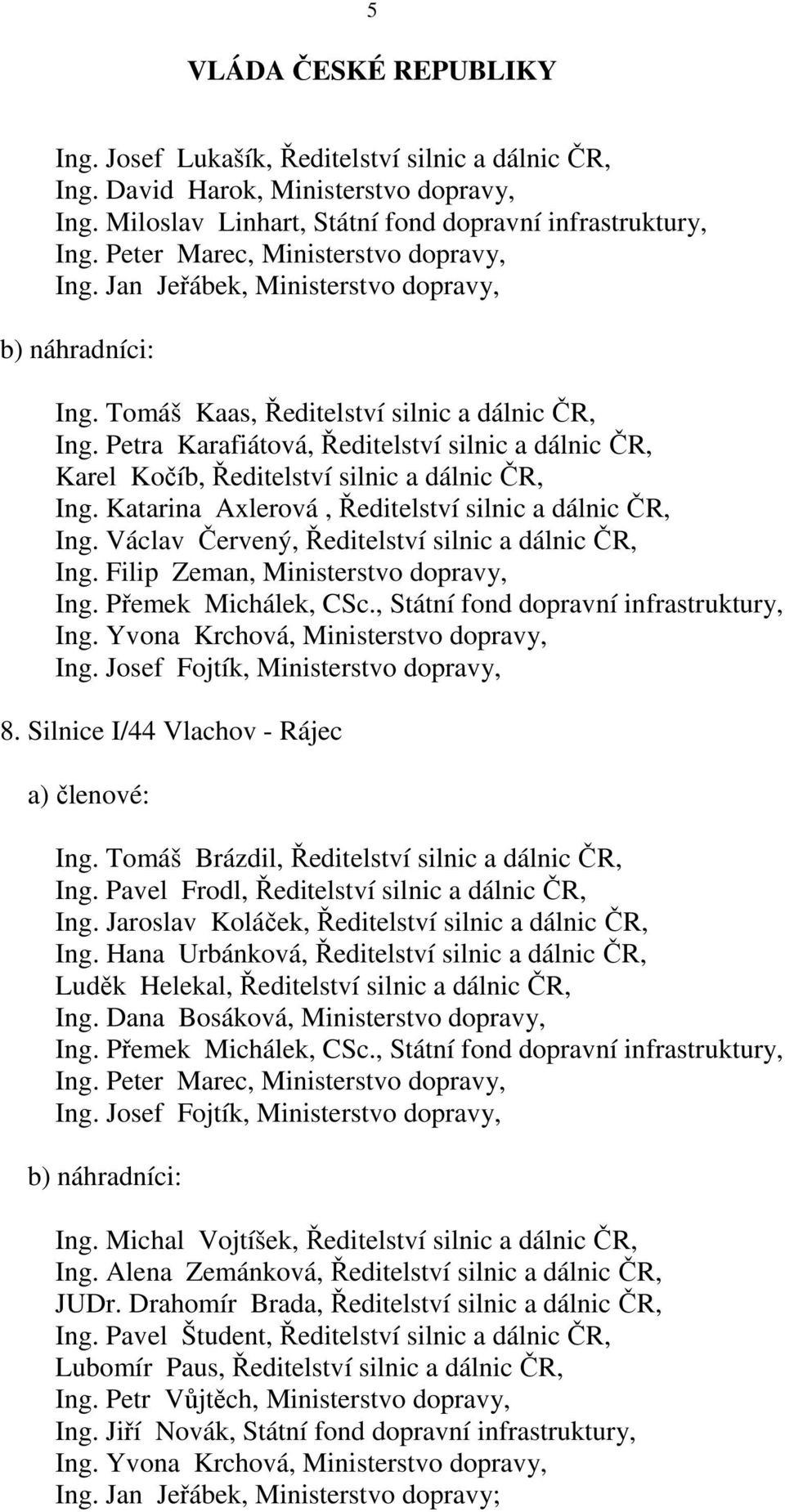 Václav Červený, Ředitelství silnic a dálnic ČR, Ing. Filip Zeman, Ministerstvo dopravy, Ing. Yvona Krchová, Ministerstvo dopravy, Ing. Josef Fojtík, Ministerstvo dopravy, 8.