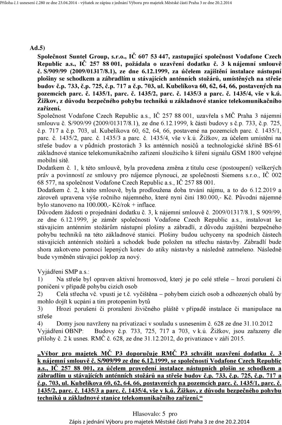1999, za účelem zajištění instalace nástupní plošiny se schodkem a zábradlím u stávajících anténních stožárů, umístěných na střeše budov č.p. 733, č.p. 725, č.p. 717 a č.p. 703, ul.