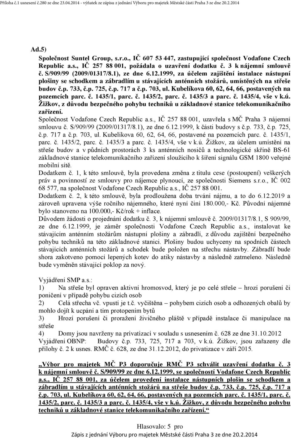 1999, za účelem zajištění instalace nástupní plošiny se schodkem a zábradlím u stávajících anténních stožárů, umístěných na střeše budov č.p. 733, č.p. 725, č.p. 717 a č.p. 703, ul.