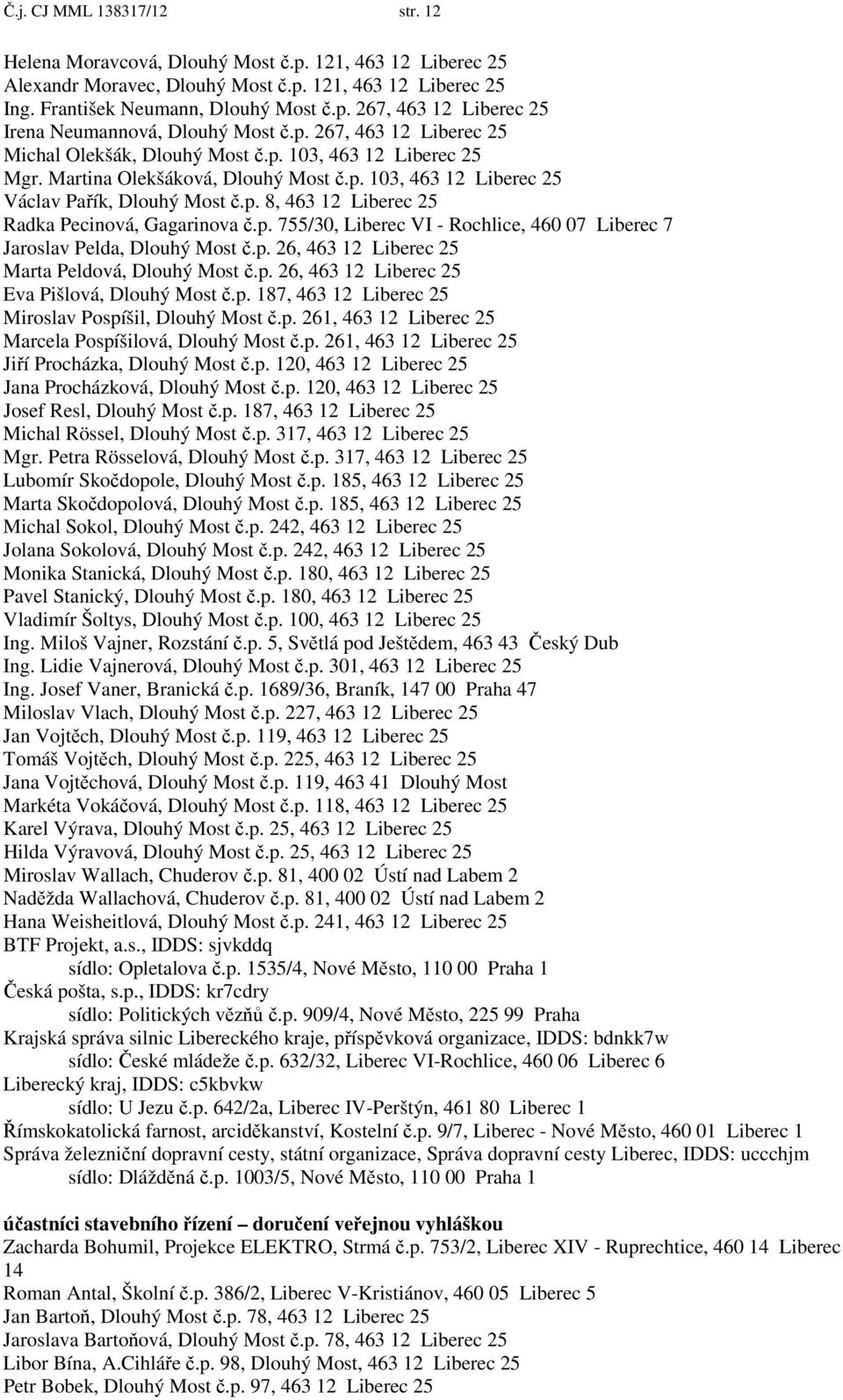 p. 755/30, Liberec VI - Rochlice, 460 07 Liberec 7 Jaroslav Pelda, Dlouhý Most č.p. 26, 463 12 Liberec 25 Marta Peldová, Dlouhý Most č.p. 26, 463 12 Liberec 25 Eva Pišlová, Dlouhý Most č.p. 187, 463 12 Liberec 25 Miroslav Pospíšil, Dlouhý Most č.