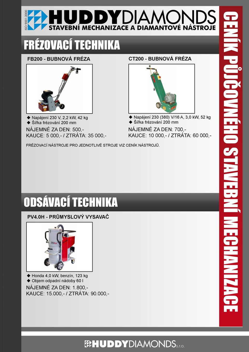 0H - PRŮMYSLOVÝ VYSAVAČ Honda 4,0 kw, benzín, 123 kg Objem odpadní nádoby 60 l NÁJEMNÉ ZA DEN: 1.800,- KAUCE: 15.