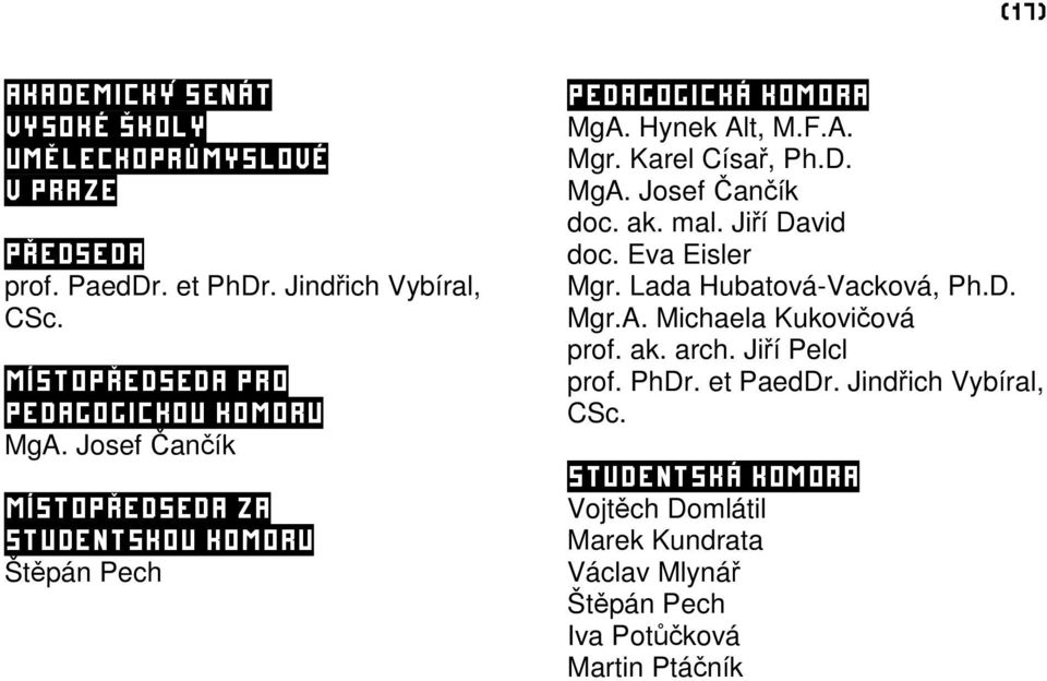 Karel Císař, Ph.D. MgA. Josef Čančík doc. ak. mal. Jiří David doc. Eva Eisler Mgr. Lada Hubatová-Vacková, Ph.D. Mgr.A. Michaela Kukovičová prof.