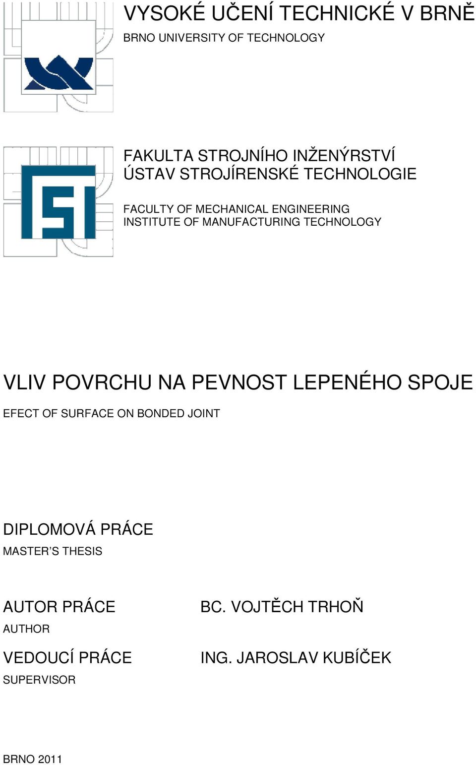 VLIV POVRCHU NA PEVNOST LEPENÉHO SPOJE EFECT OF SURFACE ON BONDED JOINT DIPLOMOVÁ PRÁCE MASTER S