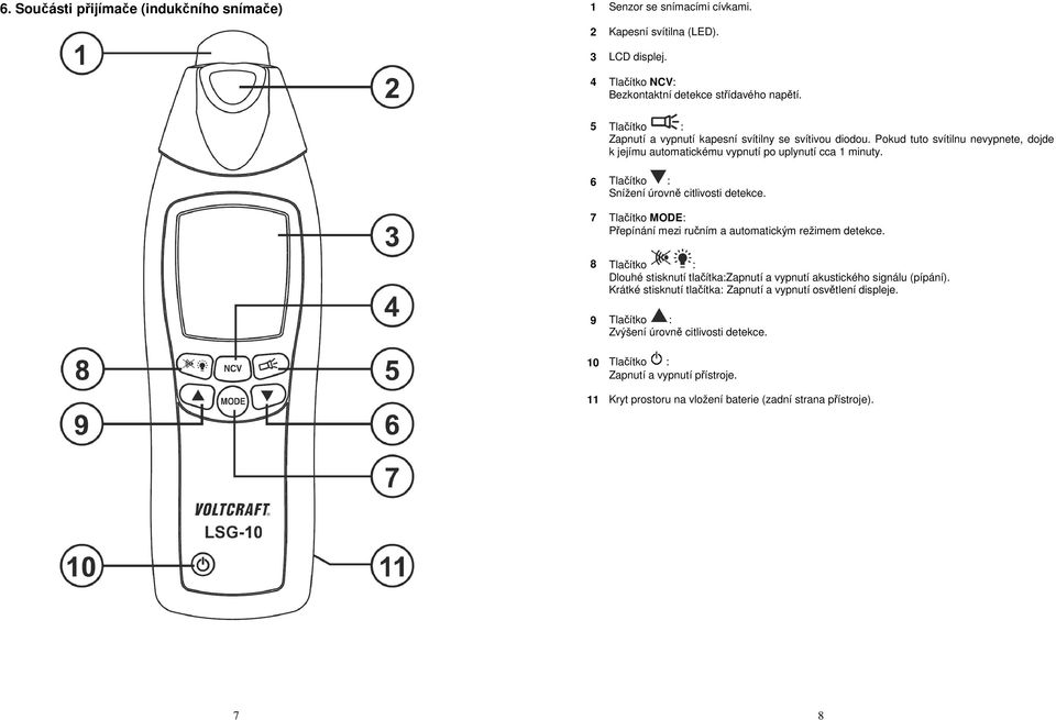 6 Tlačítko : Snížení úrovně citlivosti detekce. 7 Tlačítko MODE: Přepínání mezi ručním a automatickým režimem detekce.