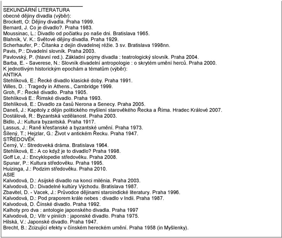 Základní pojmy divadla : teatrologický slovník. Praha 2004. Barba, E. - Saverese, N.: Slovník divadelní antropologie : o skrytém umění herců. Praha 2000.