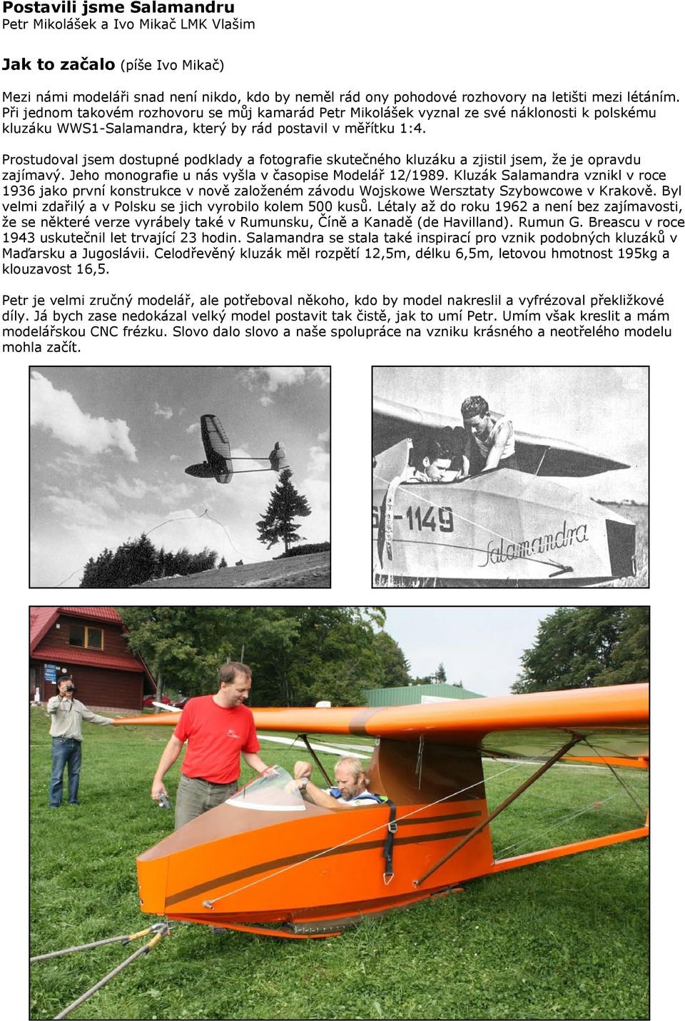 Prostudoval jsem dostupné podklady a fotografie skutečného kluzáku a zjistil jsem, že je opravdu zajímavý. Jeho monografie u nás vyšla v časopise Modelář 12/1989.