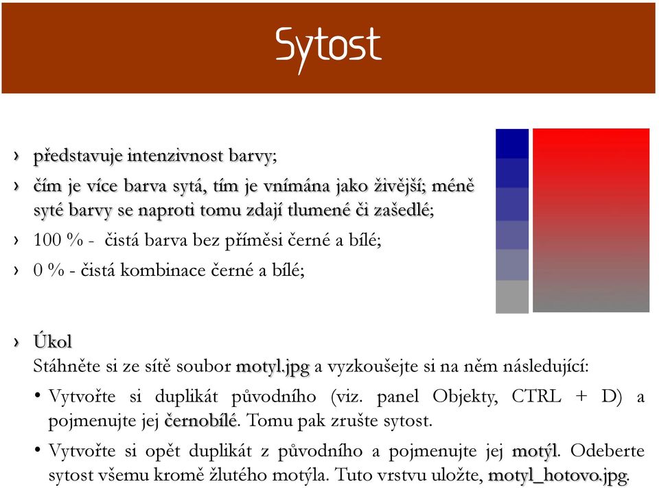 jpg a vyzkoušejte si na něm následující: Vytvořte si duplikát původního (viz. panel Objekty, CTRL + D) a pojmenujte jej černobílé.