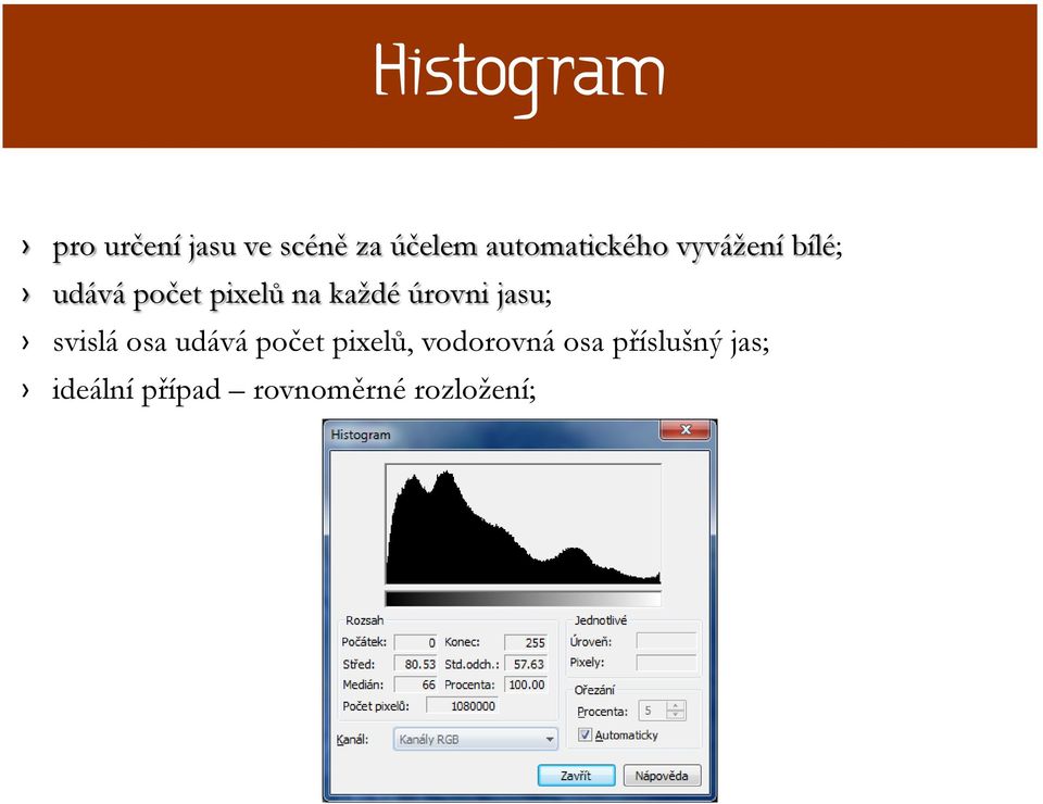 každé úrovni jasu; svislá osa udává počet pixelů,