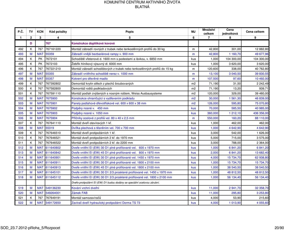 6000 mm kus 1,000 3 620,00 3 620,00 496 K 767 767221210 Montáž zábradlí schodištových z trubek nebo tenkostěnných profilů do 15 kg m 120,600 338,00 40 762,80 497 M MAT 55355 Zábradlí vnitřního