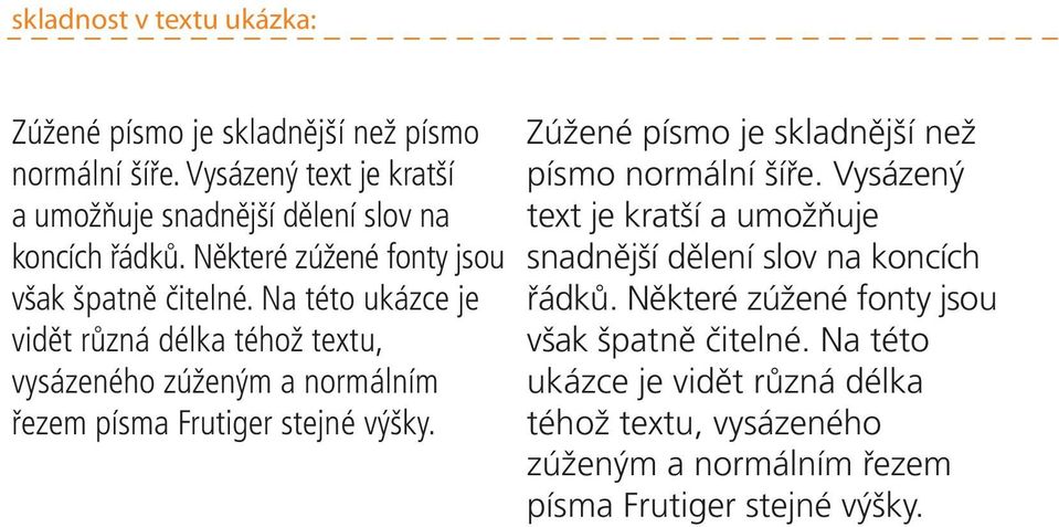 Na této ukázce je vidět různá délka téhož textu, vysázeného zúženým a normálním řezem písma Frutiger stejné výšky.