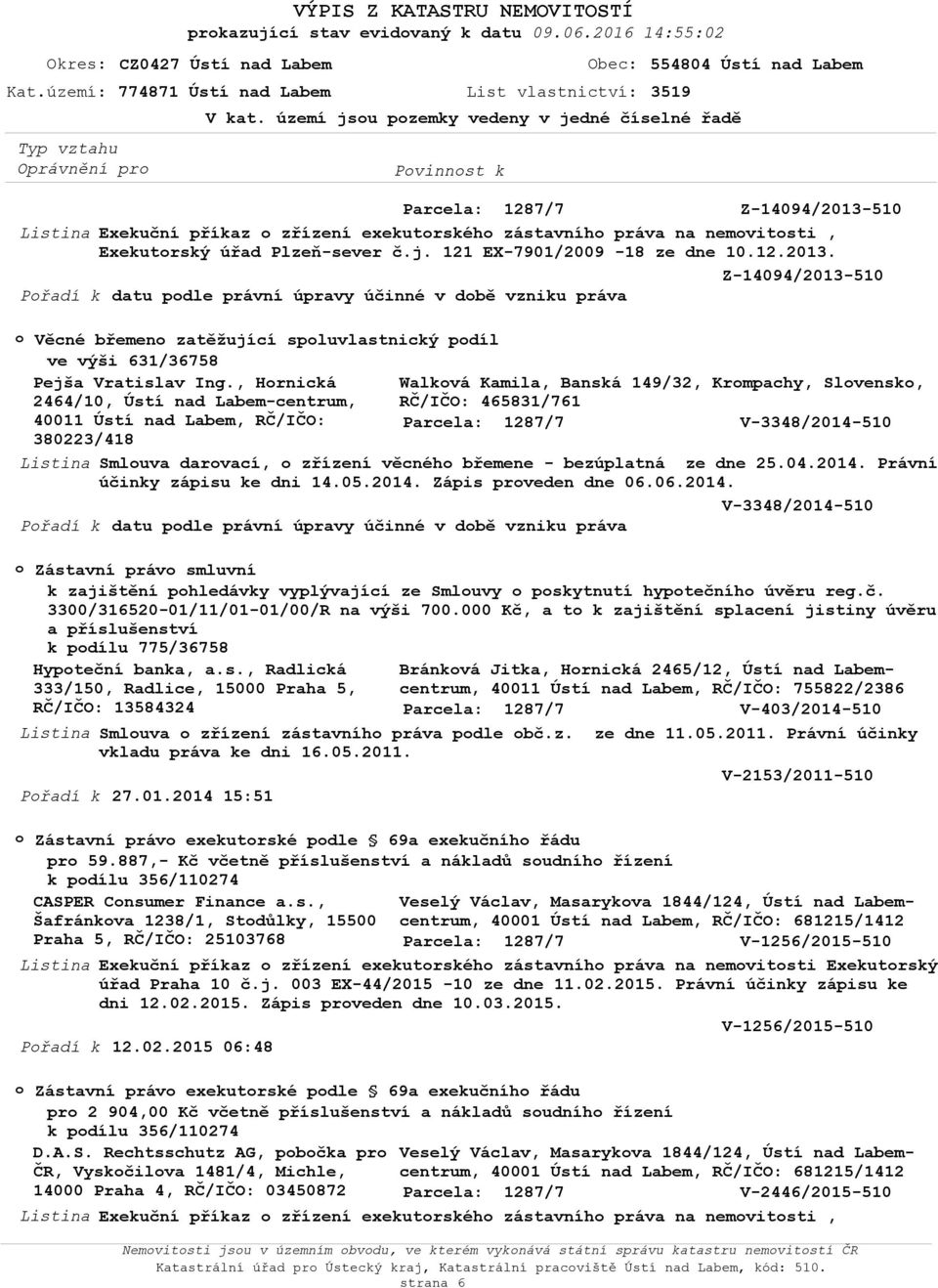 510 Exekuční příkaz zřízení exekutrskéh zástavníh práva na nemvitsti, Exekutrský úřad Plzeň-sever č.j. 121 EX-7901/2009-18 ze dne 10.12.2013.