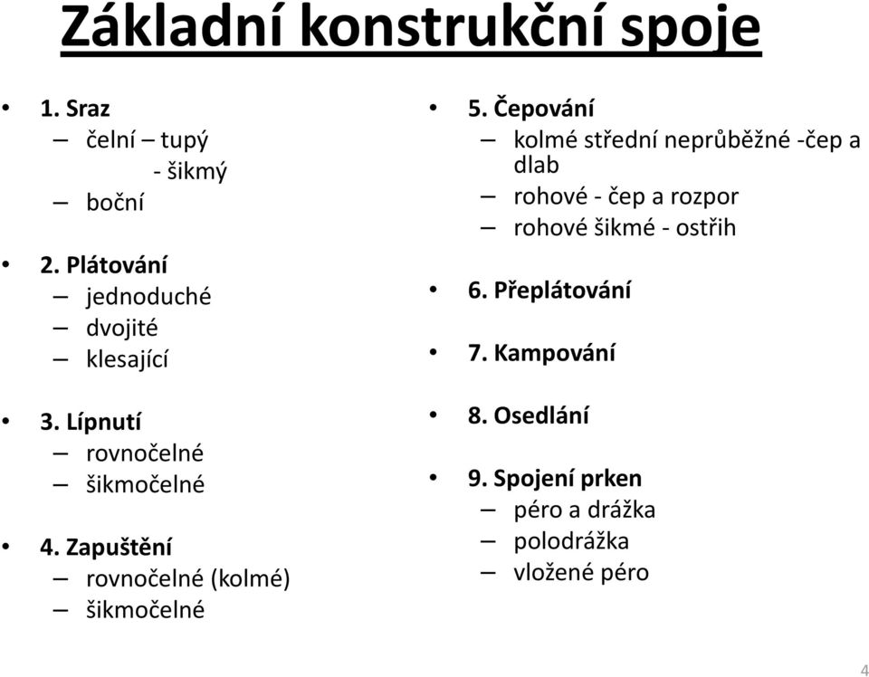 Zapuštění rovnočelné(kolmé) šikmočelné 5.