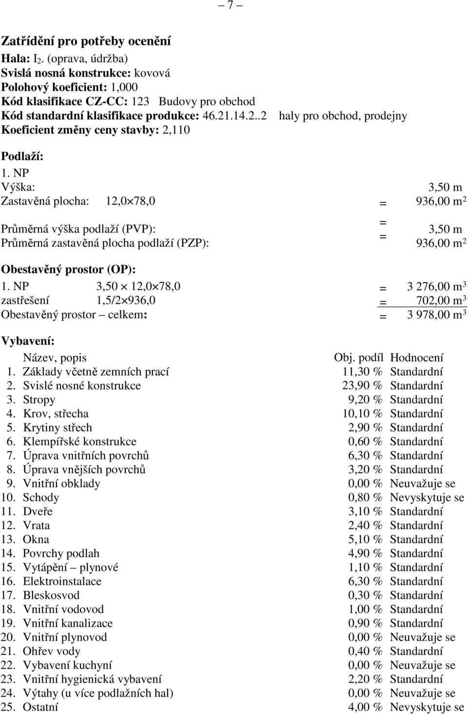 NP Výška: 3,50 m Zastavěná plocha: 12,0 78,0 = 936,00 m 2 Průměrná výška podlaží (PVP): Průměrná zastavěná plocha podlaží (PZP): = = 3,50 m 936,00 m 2 Obestavěný prostor (OP): 1.