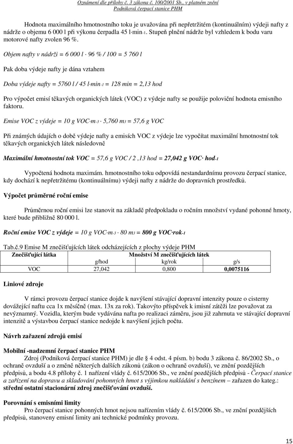 Objem nafty v nádrži = 6 000 l 96 % / 100 = 5 760 l Pak doba výdeje nafty je dána vztahem Doba výdeje nafty = 5760 l / 45 l min-1 = 128 min = 2,13 hod Pro výpočet emisí těkavých organických látek