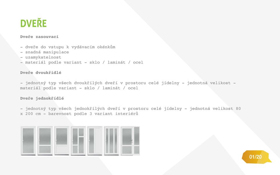 jídelny - jednotná velikost - materiál podle variant - sklo / laminát / ocel Dveře jednokřídlé - jednotný typ