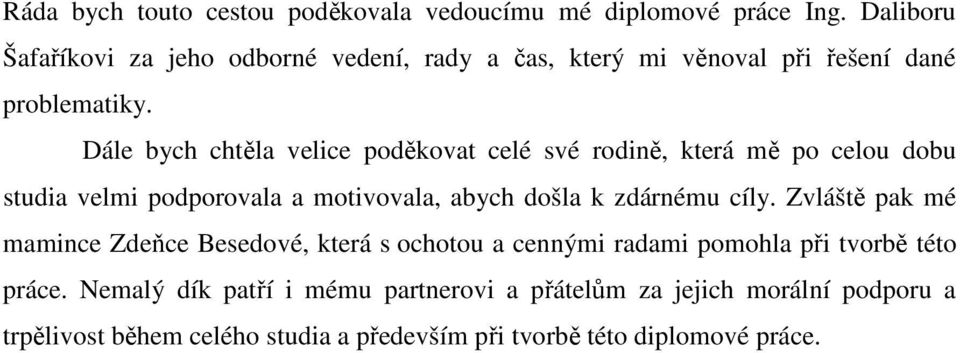 Dále bych chtěla velice poděkovat celé své rodině, která mě po celou dobu studia velmi podporovala a motivovala, abych došla k zdárnému cíly.