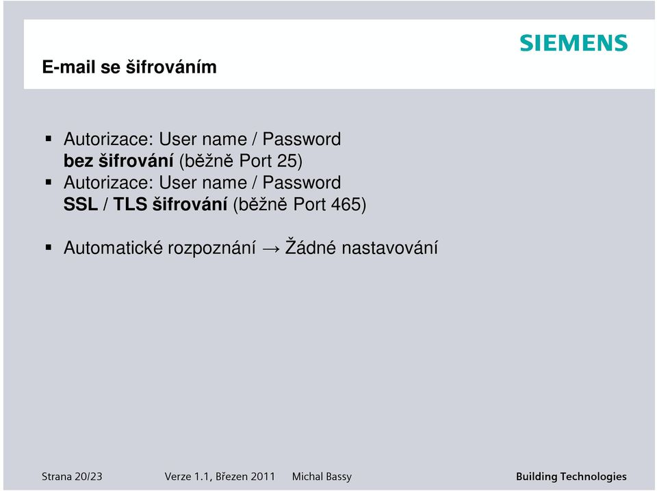 User name / Password SSL / TLS šifrování (běžně