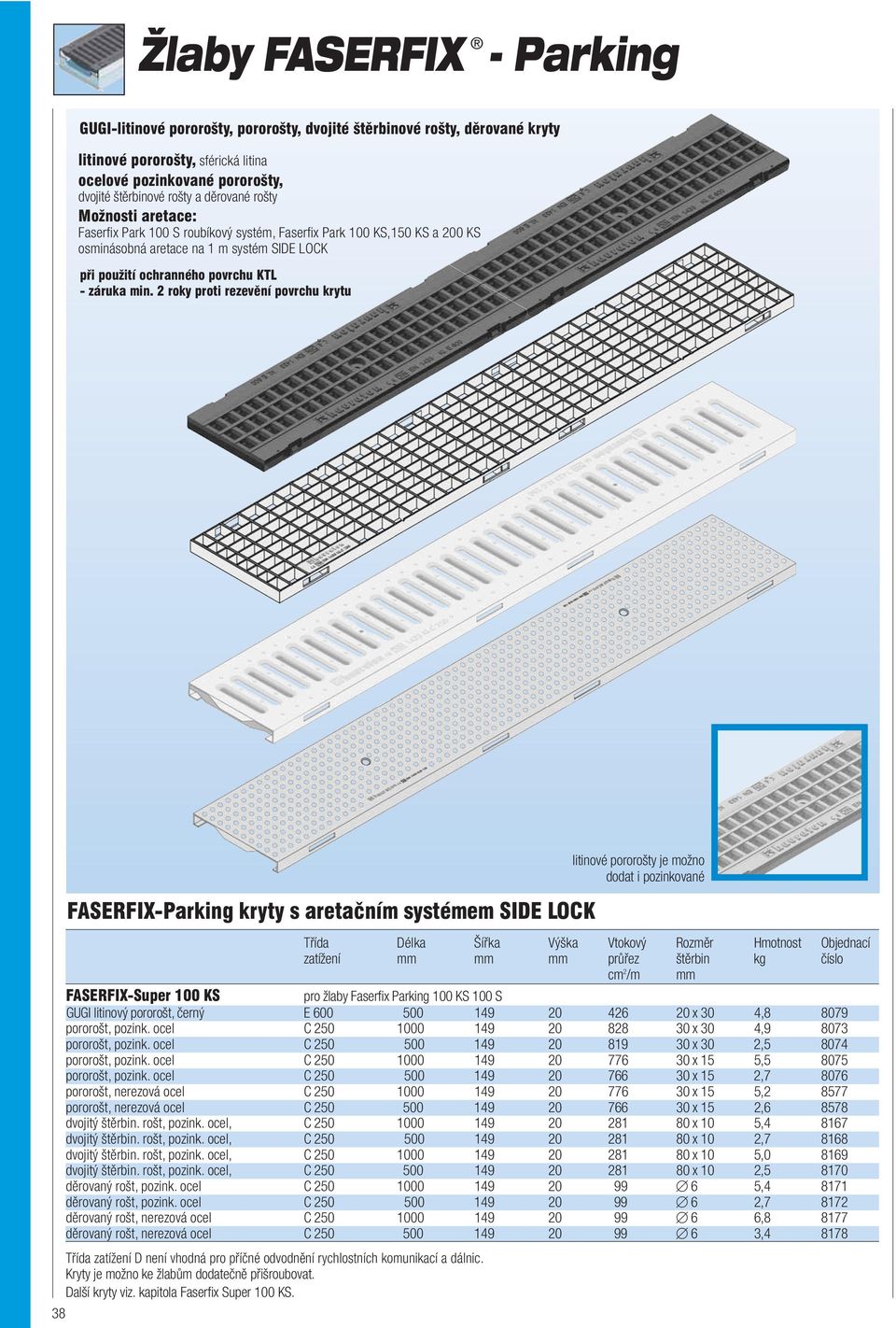 2 roky proti povrchové rezevění povrchu korozi krytu 38 FASERFIX-Parking kryty s aretačním systémem SIDE LOCK Třída Délka Šířka Výška Vtokový Rozměr Hmotnost Objednací zatížení mm mm mm průřez