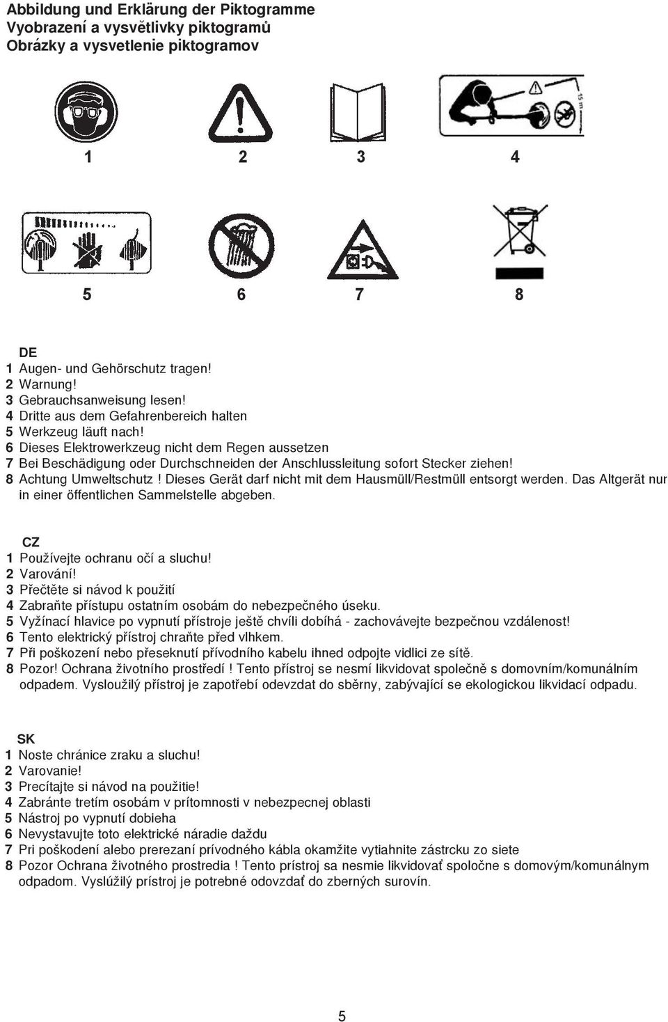 8 Achtung Umweltschutz! Dieses Gerät darf nicht mit dem Hausmüll/Restmüll entsorgt werden. Das Altgerät nur in einer öffentlichen Sammelstelle abgeben. CZ 1 Používejte ochranu oèí a sluchu!