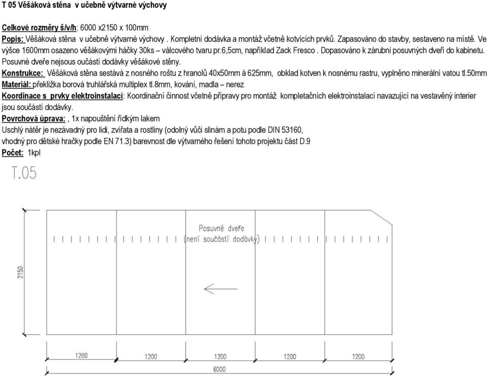 Posuvné dveře nejsous oučástí dodávky věšákové stěny. Konstrukce: Věšáková stěna sestává z nosného roštu z hranolů 40x50mm á 625mm, obklad kotven k nosnému rastru, vyplněno minerální vatou tl.