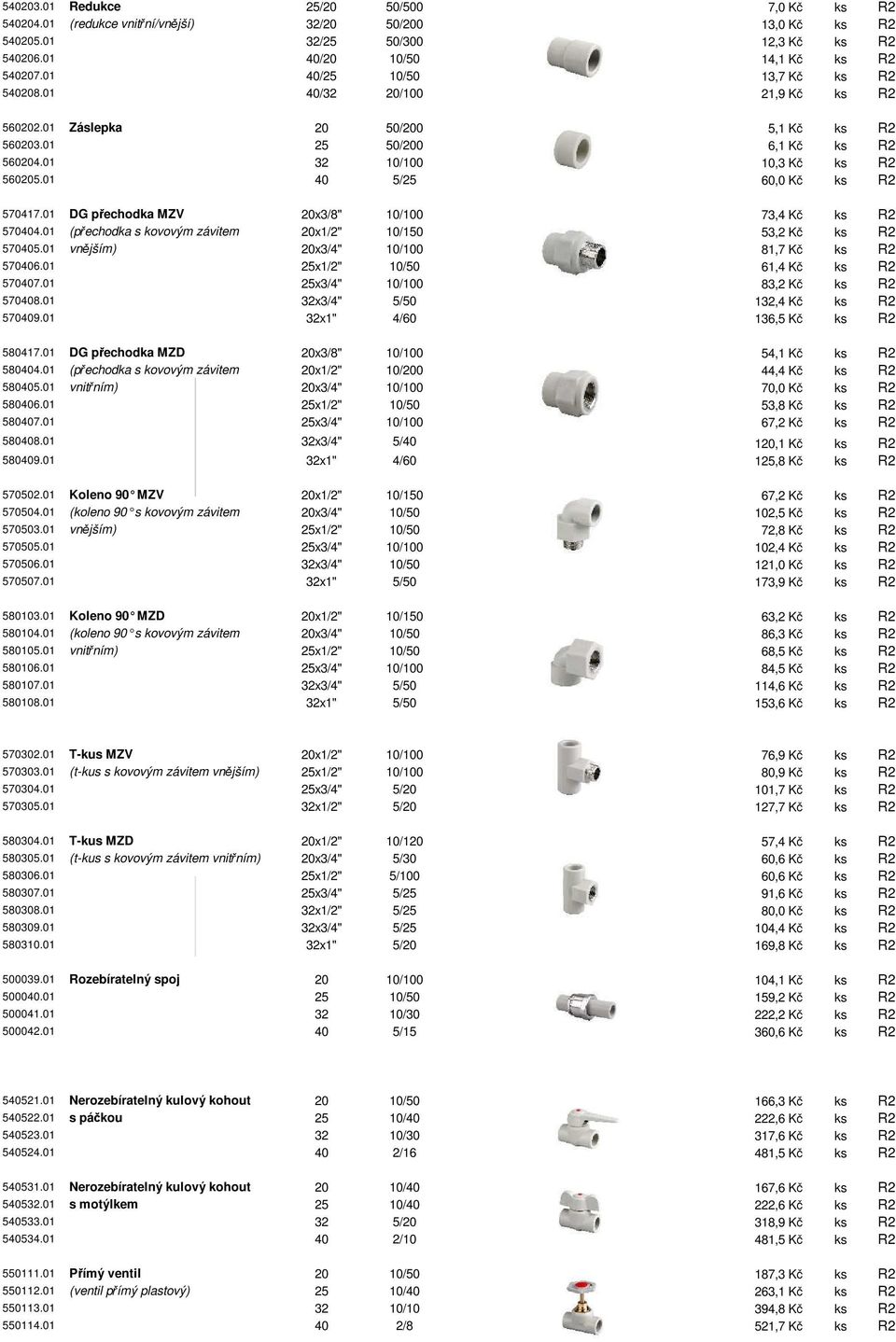 01 40 5/25 60,0 Kč ks R2 570417.01 DG přechodka MZV 20x3/8" 10/100 73,4 Kč ks R2 570404.01 (přechodka s kovovým závitem 20x1/2" 10/150 53,2 Kč ks R2 570405.