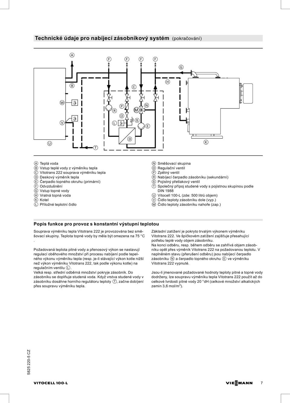 (sekundární) S Pojistný přetlakový ventil T Společný přípoj studené vody s pojistnou skupinou podle DIN 1988 U Vitocell 100 L (zde: 500 litrů objem) V Čidlo teploty zásobníku dole (vyp.