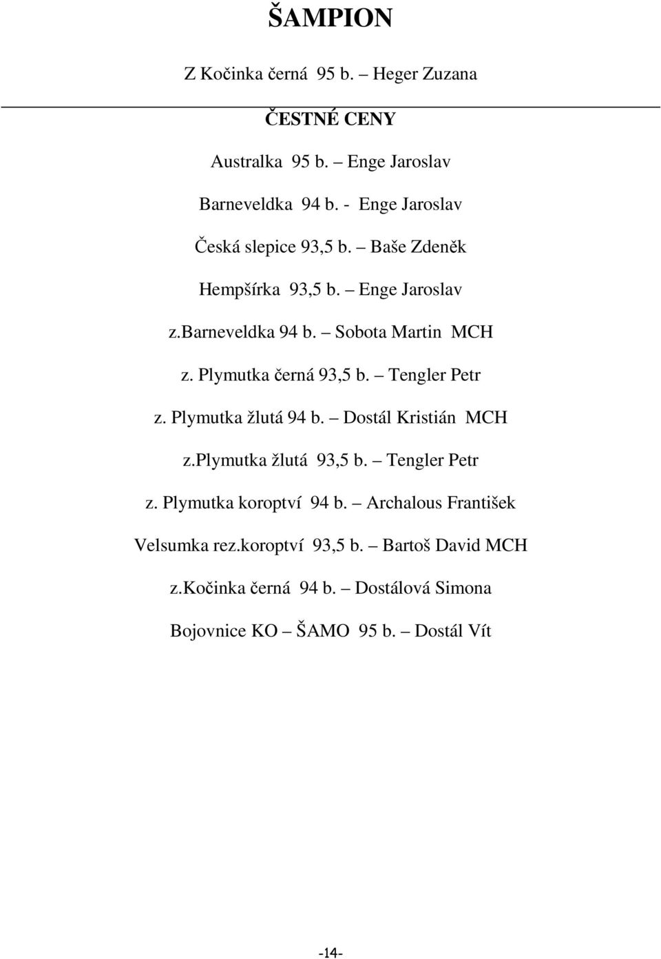 Plymutka černá 93,5 b. Tengler Petr z. Plymutka žlutá 94 b. Dostál Kristián MCH z.plymutka žlutá 93,5 b. Tengler Petr z. Plymutka koroptví 94 b.