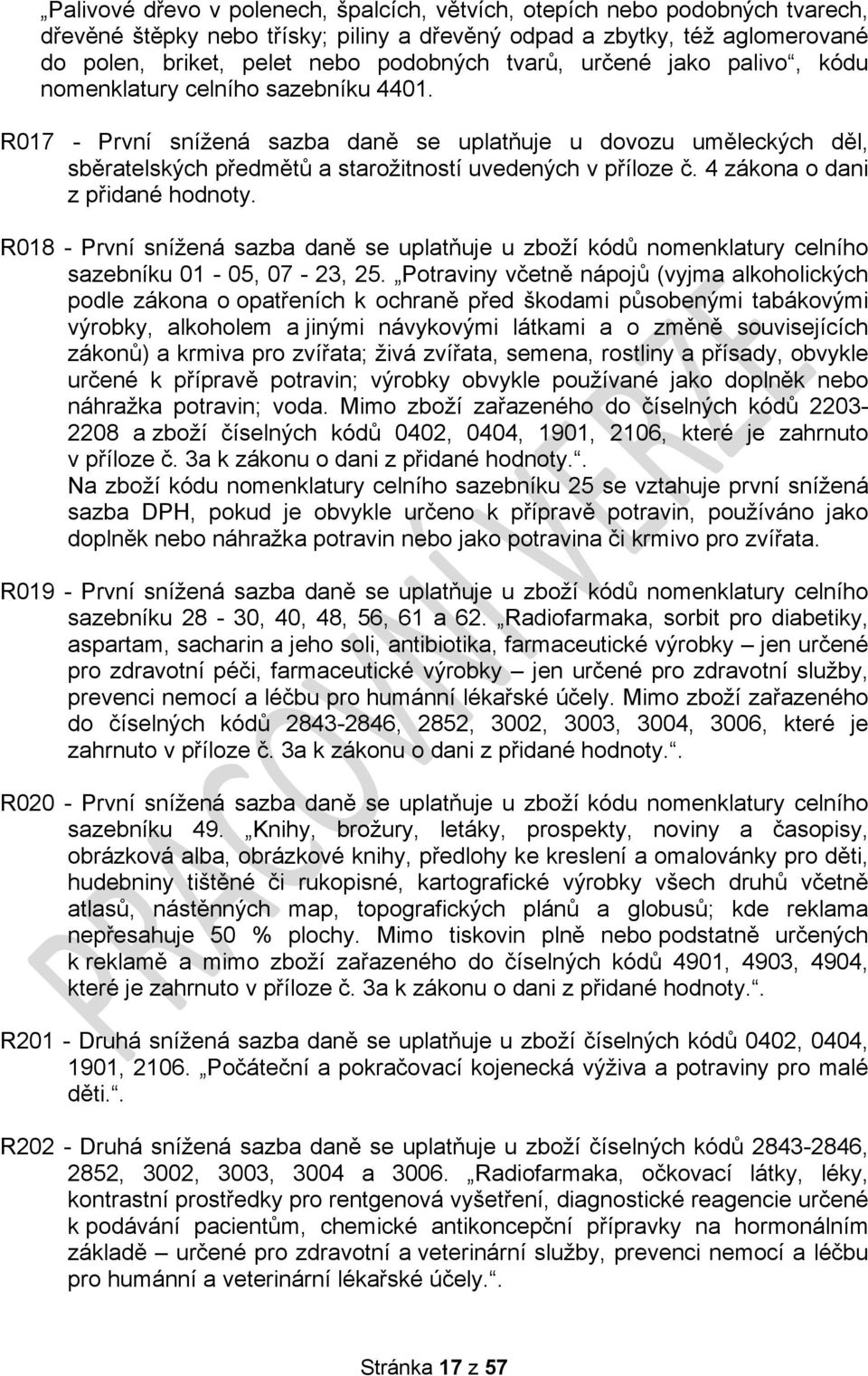 4 zákona o dani z přidané hodnoty. R18 - První snížená sazba daně se uplatňuje u zboží kódů nomenklatury celního sazebníku 1-5, 7-23, 25.