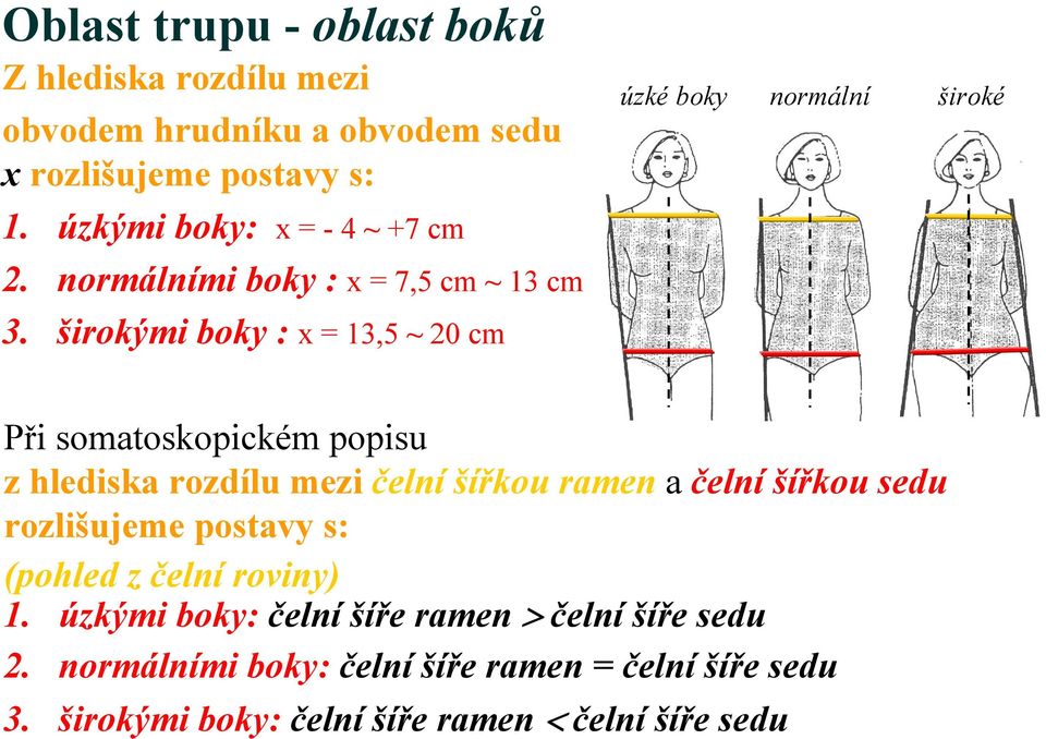 širokými boky : x = 13,5 ~ 20 cm úzké boky normální široké Při somatoskopickém popisu z hlediska rozdílu mezi čelní šířkou ramen a