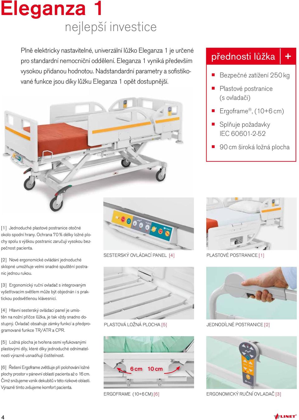 přednosti lůžka + Bezpečné zatížení 250 kg Plastové postranice (s ovladači) Ergoframe, (10+6 cm) Splňuje požadavky IEC 60601-2-52 90 cm široká ložná plocha [1] Jednoduché plastové postranice otočné