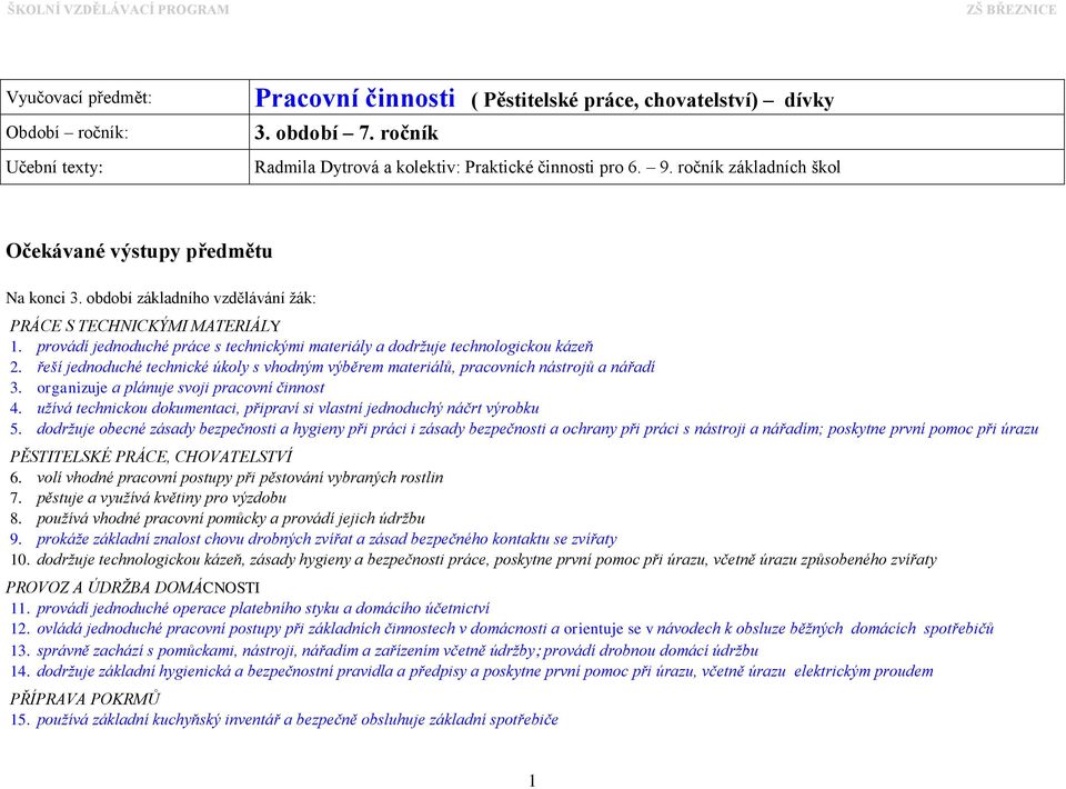 provádí jednoduché práce s technickými materiály a dodržuje technologickou kázeň 2. řeší jednoduché technické úkoly s vhodným výběrem materiálů, pracovních nástrojů a nářadí 3.