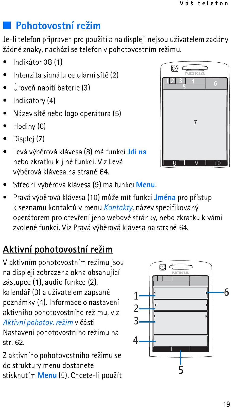 funkci Jdi na nebo zkratku k jiné funkci. Viz Levá výbìrová klávesa na stranì 64. 8 9 10 Støední výbìrová klávesa (9) má funkci Menu.