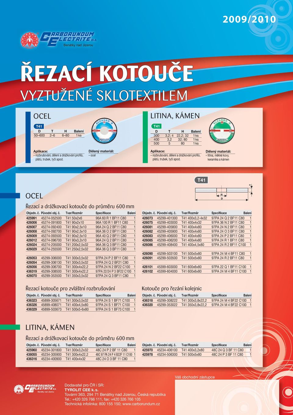 Dělený materiál: litina, měkké kovy, keramika a kámen Řezací a drážkovací kotouče do průměru 600 mm 425991 45274-052500 50x2x6 96A 60 R 1 BF11 C80 1 426006 45274-090 90x2x10 96A 100 R 1 BF11 C80 1