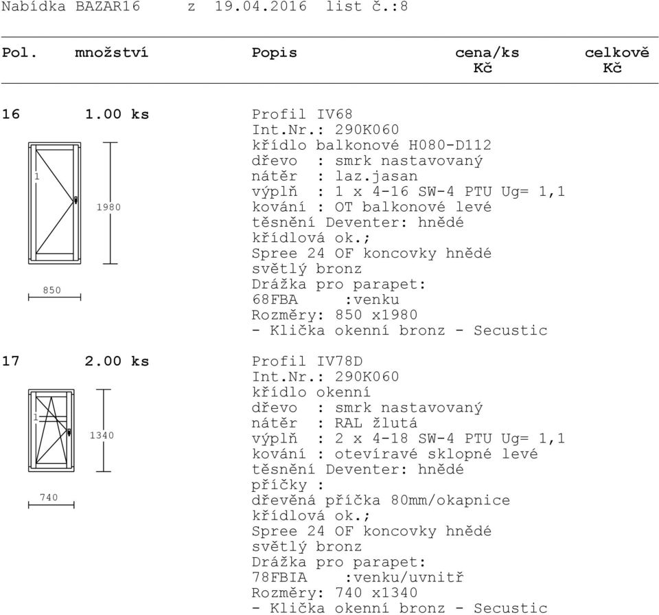 jasan x 4-6 SW-4 PTU Ug=, 980 kování : OT balkonové levé 850 68FBA :venku Rozměry: 850