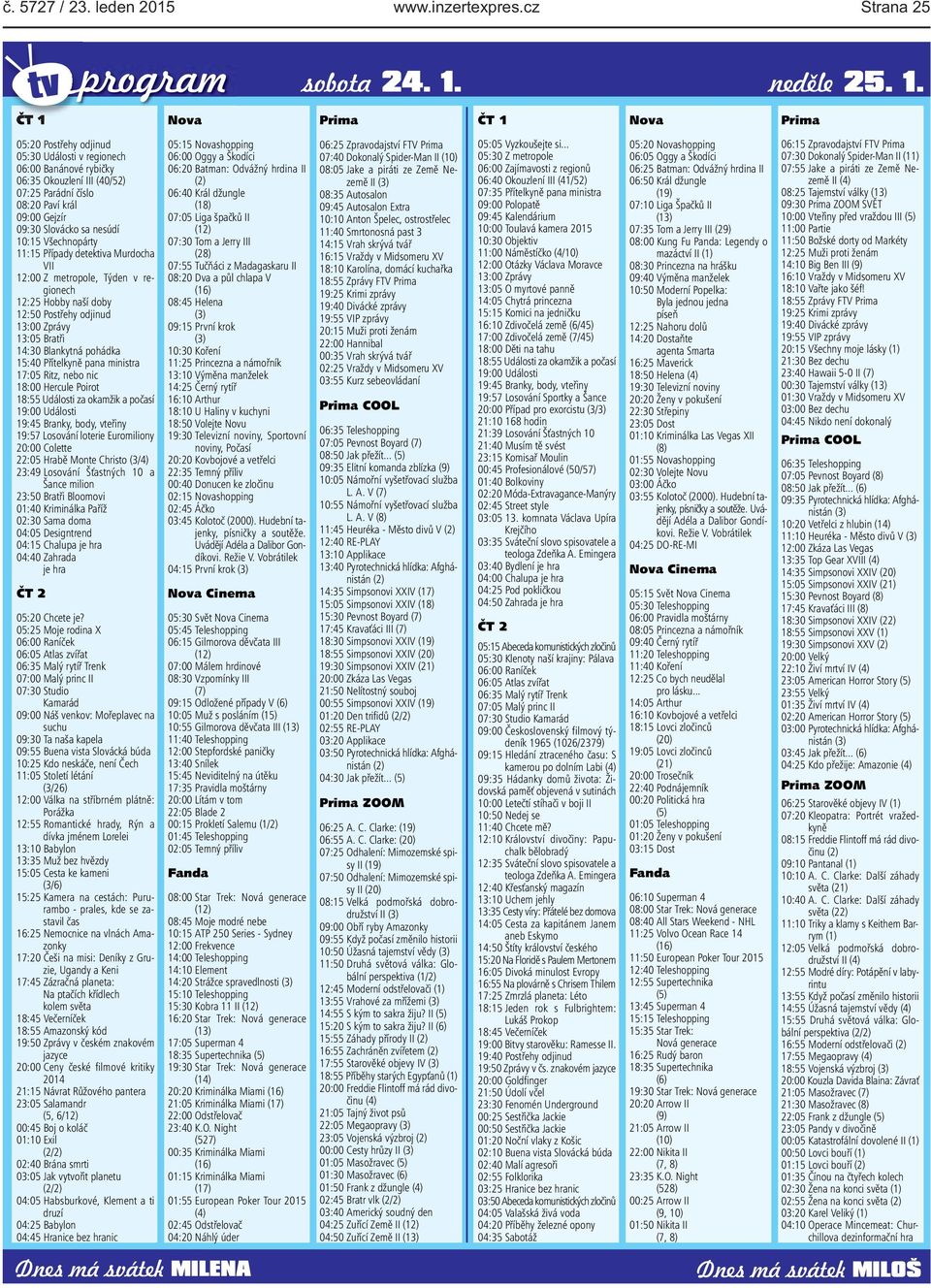 12:50 Postřehy odjinud 13:00 Zprávy 13:05 Bratři 14:30 Blankytná pohádka 15:40 Přítelkyně pana ministra 17:05 Ritz, nebo nic 18:00 Hercule Poirot 18:55 Události za okamžik a počasí 19:00 Události