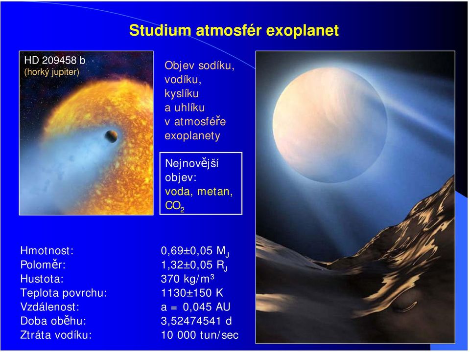 Hmotnost: 0,69±0,05 M J Poloměr: 1,32±0,05 R J Hustota: 370 kg/m 3 Teplota