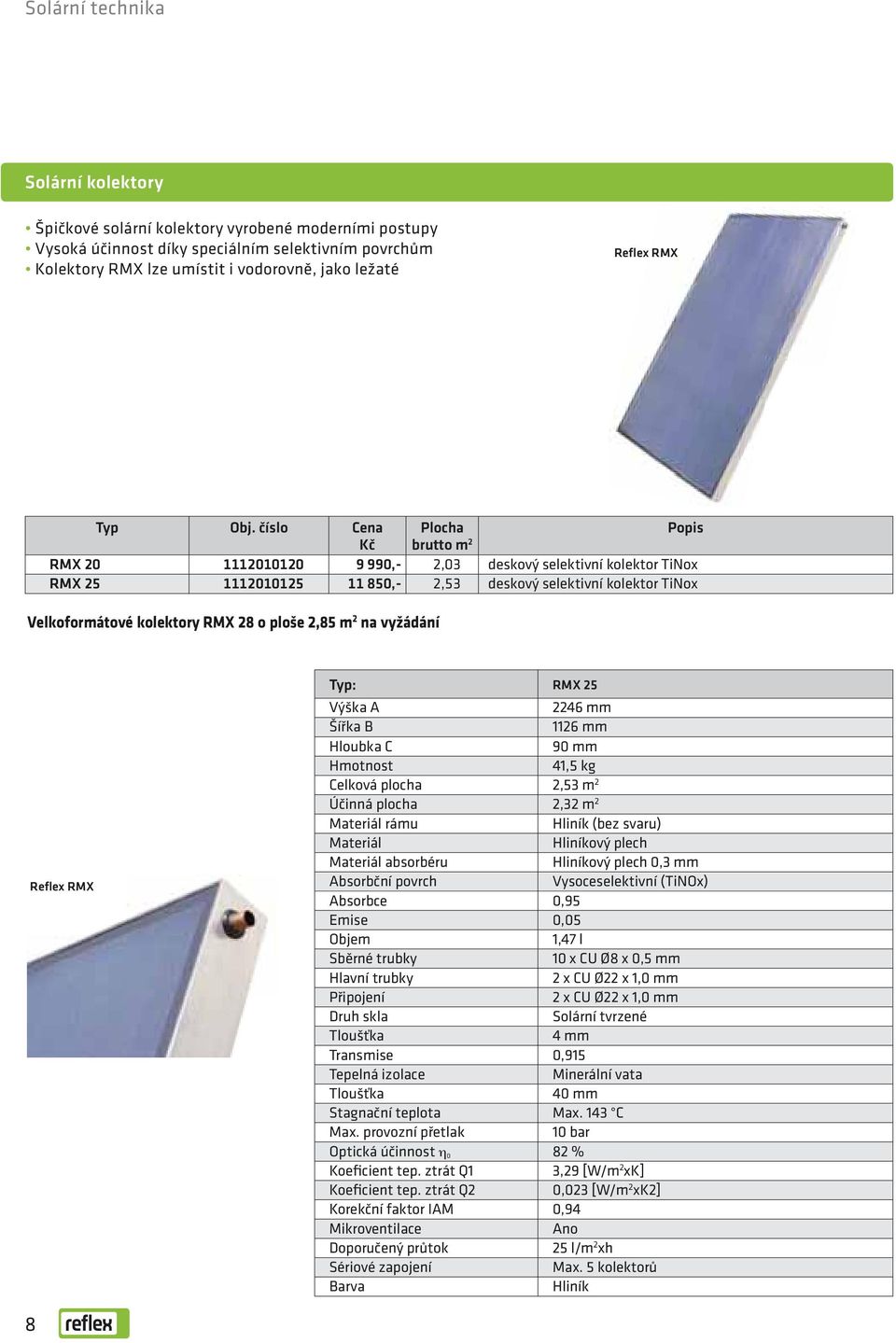 28 o ploše 2,85 m 2 na vyžádání Reflex RMX Typ: RMX 25 Výška A 2246 mm Šířka B 1126 mm Hloubka C 90 mm Hmotnost 41,5 kg Celková plocha 2,53 m 2 Účinná plocha 2,32 m 2 Materiál rámu Hliník (bez svaru)