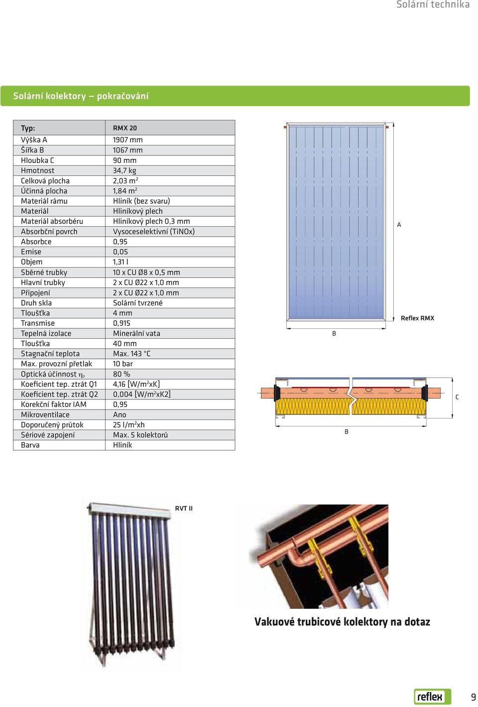 1,0 mm Připojení 2 x CU Ø22 x 1,0 mm Druh skla Solární tvrzené Tloušťka 4 mm Transmise 0,915 Tepelná izolace Minerální vata Tloušťka 40 mm Stagnační teplota Max. 143 C Max.