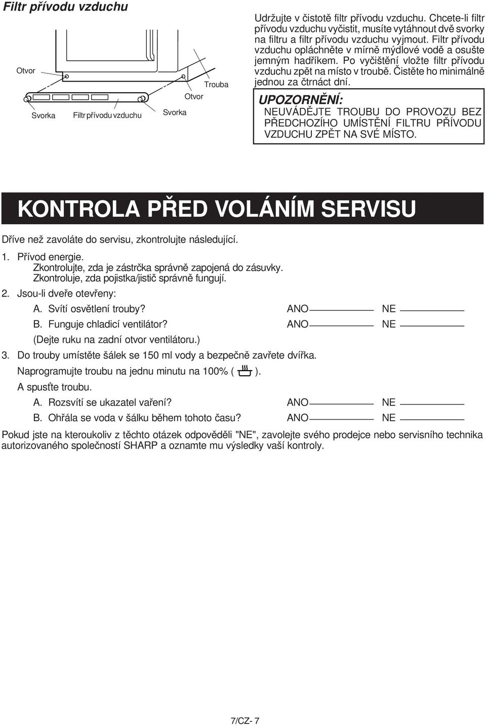 Po vyčištění vložte filtr přívodu vzduchu zpět na místo v troubě. Čistěte ho minimálně jednou za čtrnáct dní.