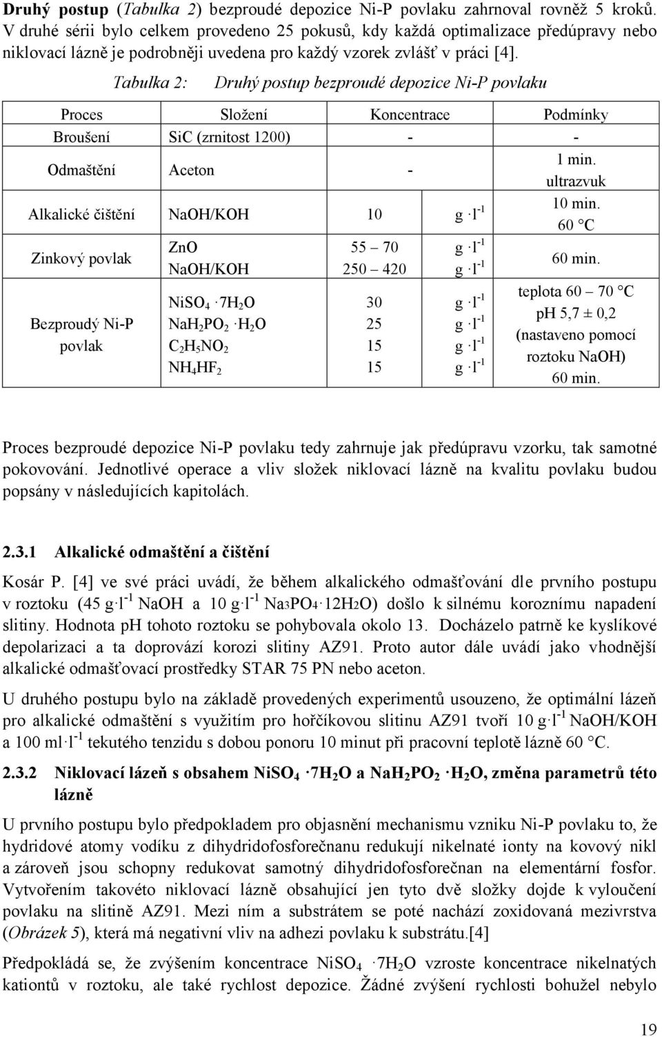 Tabulka 2: Druhý postup bezproudé depozice Ni-P povlaku Proces Sloţení Koncentrace Podmínky Broušení SiC (zrnitost 1200) - - Odmaštění Aceton - 1 min.