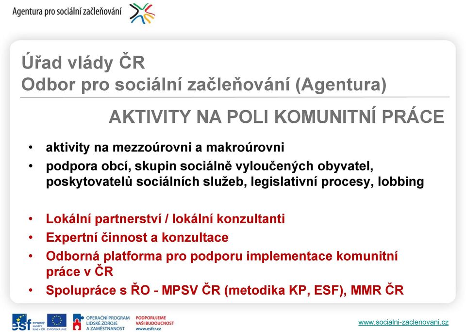 služeb, legislativní procesy, lobbing Lokální partnerství / lokální konzultanti Expertní činnost a