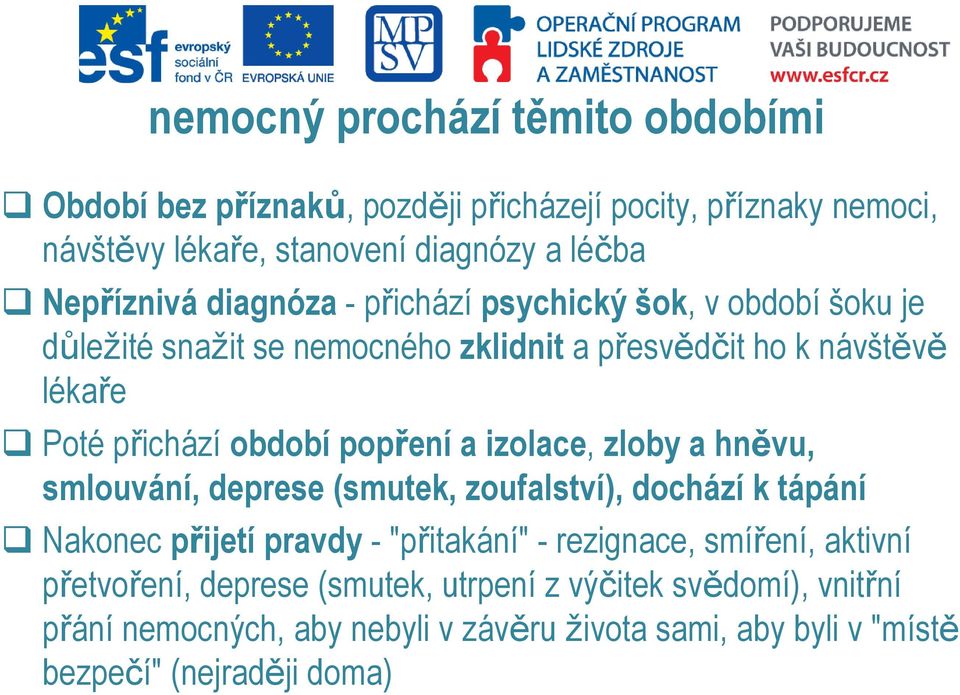 a izolace, zloby a hněvu, smlouvání, deprese (smutek, zoufalství), dochází k tápání Nakonec přijetí pravdy - "přitakání" - rezignace, smíření, aktivní