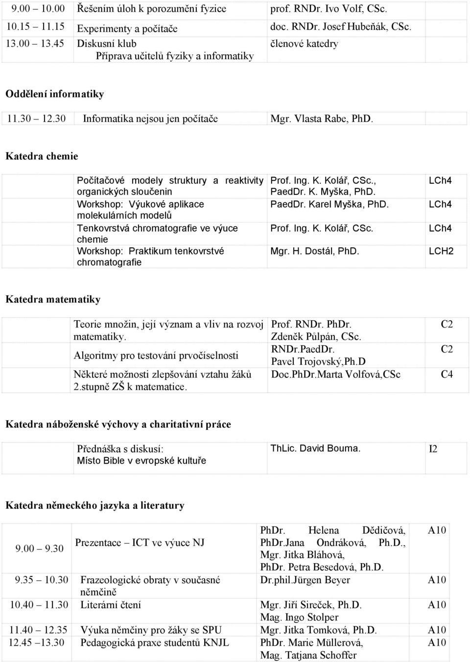 Katedra chemie Počítačové modely struktury a reaktivity organických sloučenin Workshop: Výukové aplikace molekulárních modelů Tenkovrstvá chromatografie ve výuce chemie Workshop: Praktikum