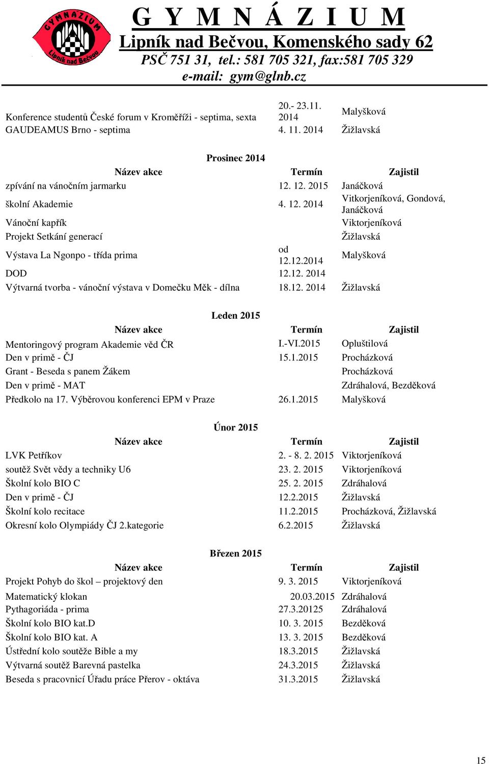 12. 2015 Janáčková školní Akademie 4. 12. 2014 Vitkorjeníková, Gondová, Janáčková Vánoční kapřík Viktorjeníková Projekt Setkání generací Žižlavská Výstava La Ngonpo - třída prima od 12.12.2014 Malyšková DOD 12.