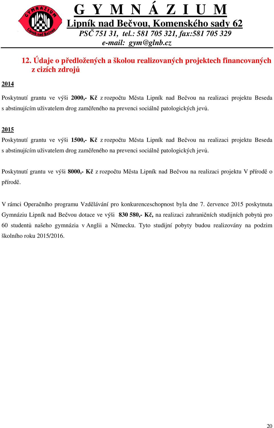 2015 Poskytnutí grantu ve výši 1500,- Kč z rozpočtu Města Lipník nad Bečvou na realizaci projektu Beseda s  Poskytnutí grantu ve výši 8000,- Kč z rozpočtu Města Lipník nad Bečvou na realizaci